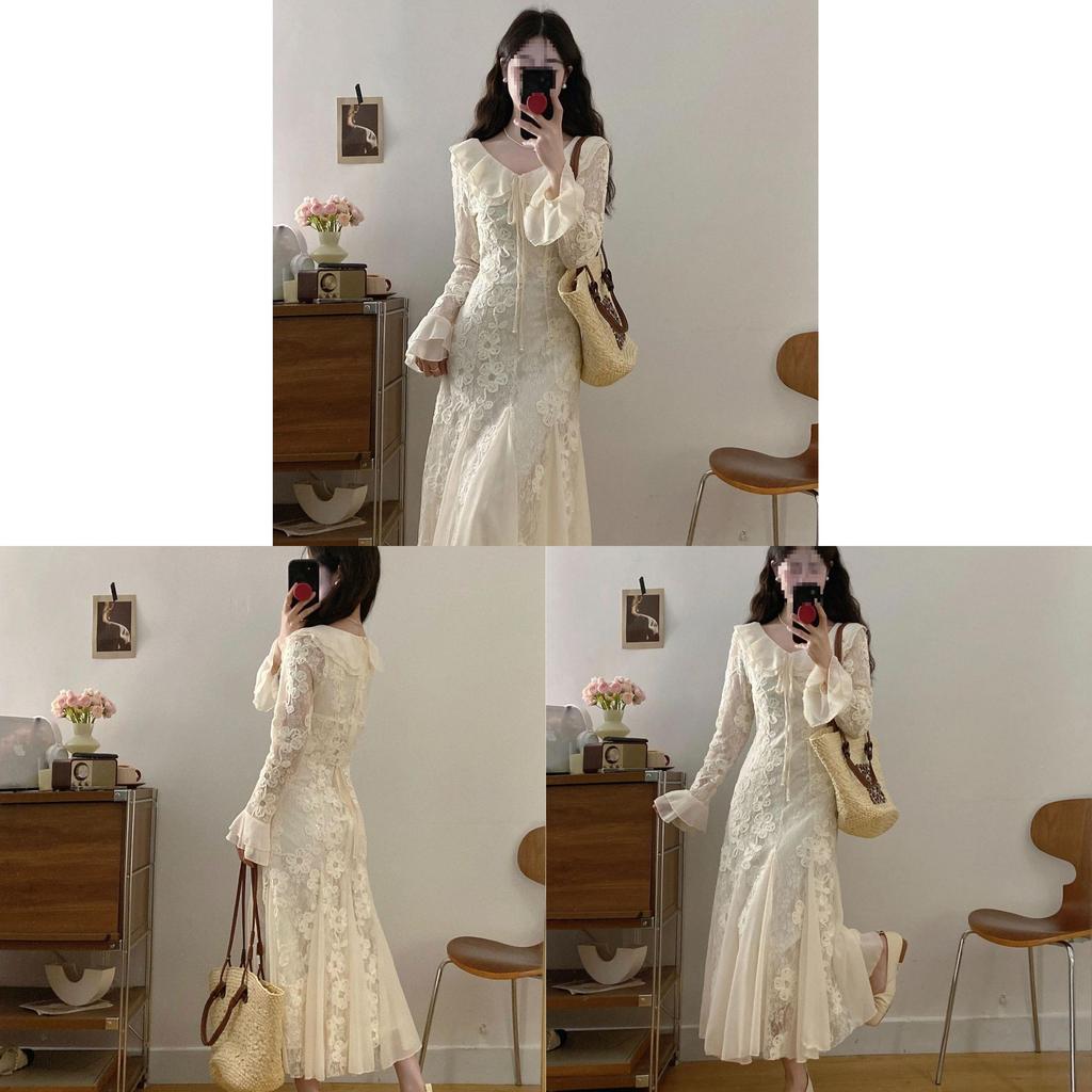 French Elegant Long Sleeve Dress With Knit Fabric And Ruffle Details For Spring Fashion