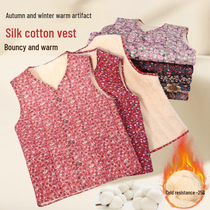 Květinová fleecem podšitá teplá vesta pro ženy středního a staršího věku