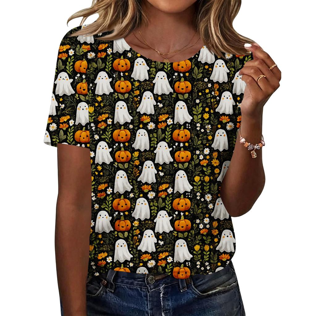Women's Casual Loose Fit Halloween Print T-Shirt Short Sleeve Crew Neck Top Comfortable Lightweight Fabric All Over Graphic Design