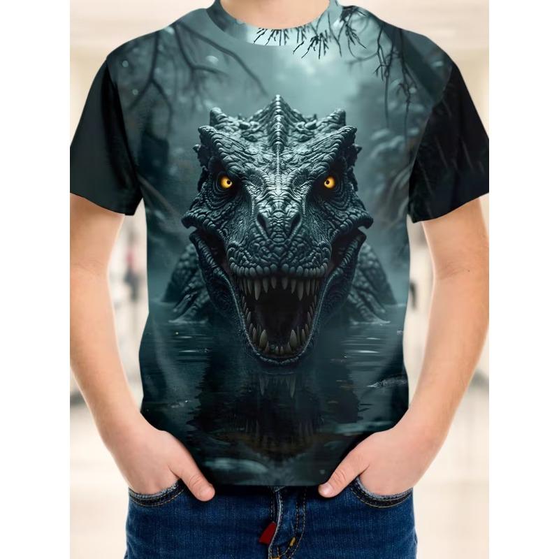 T-shirt z drukiem dinozaura 3D Realistyczny T-Rex Grafika Okrągły dekolt Krótki rękaw Casualowy letni top Oddychający Męskie ubrania