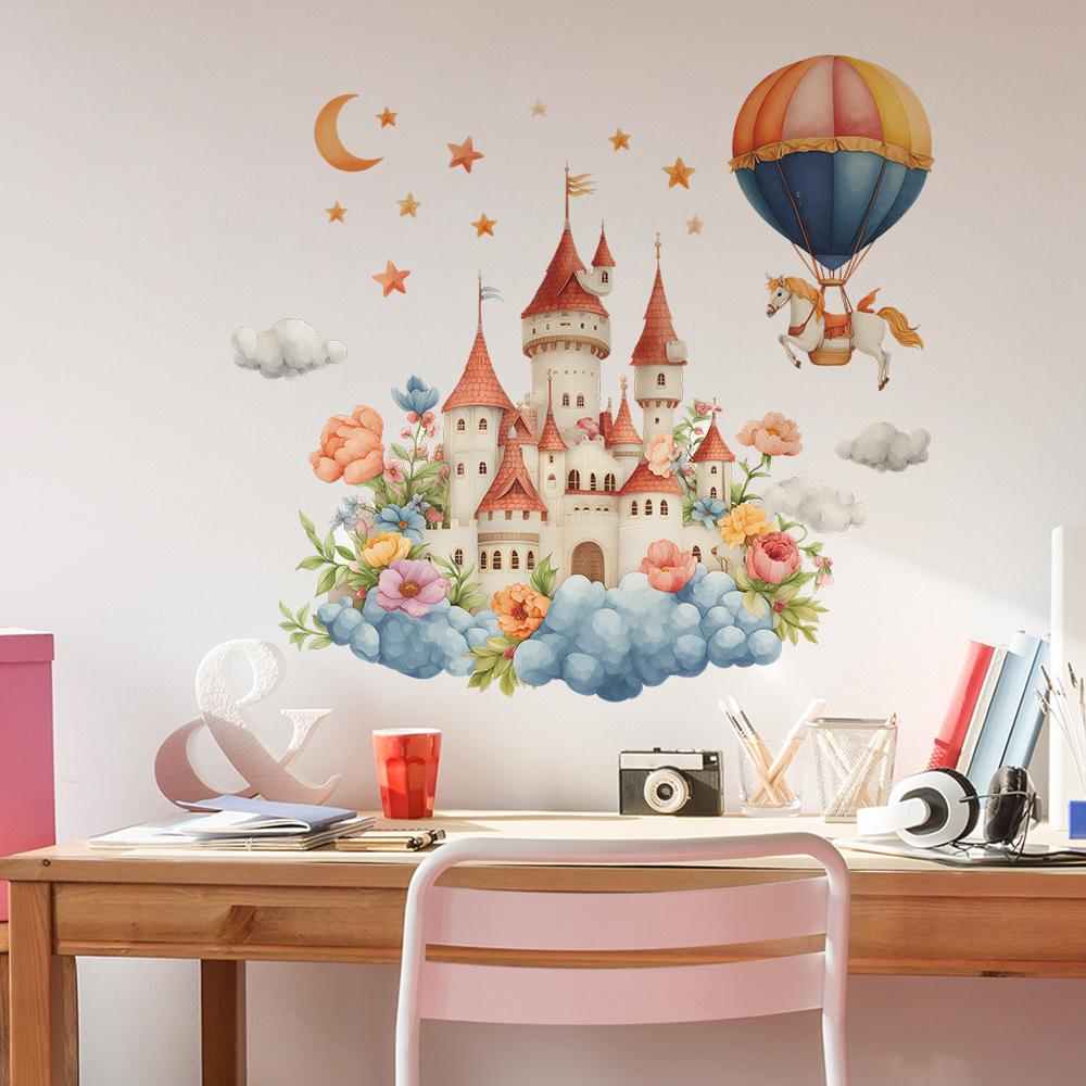 Self-adhesive Cartoon Castle Flowers Hot Air Balloon Wall Stickers for Kids Room Bedroom Home Decor