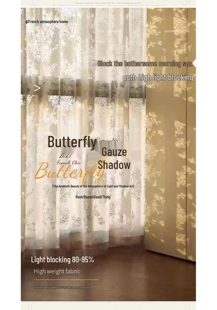 French Retro Lace Jacquard Blackout Curtains with Butterfly Design - Sheer White Style for Living Room & Bedroom