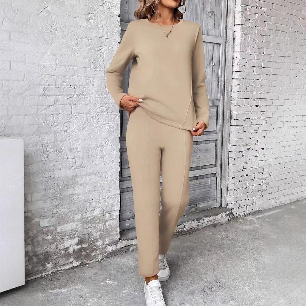 Completo da Donna Moda a Manica Corta con Scollo Rotondo e Taschino, Pantaloni a Gamba Dritta