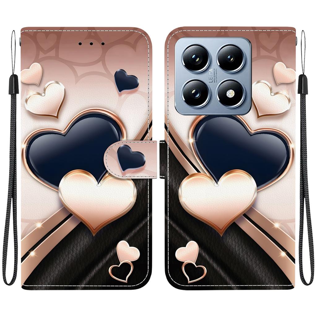 Handmade PU Leather Flip Case for Xiaomi 14T / Xiaomi 14T Pro Anti-Slip Shockproof Cover with Wrist Strap & Heart/Rose Cat Designs