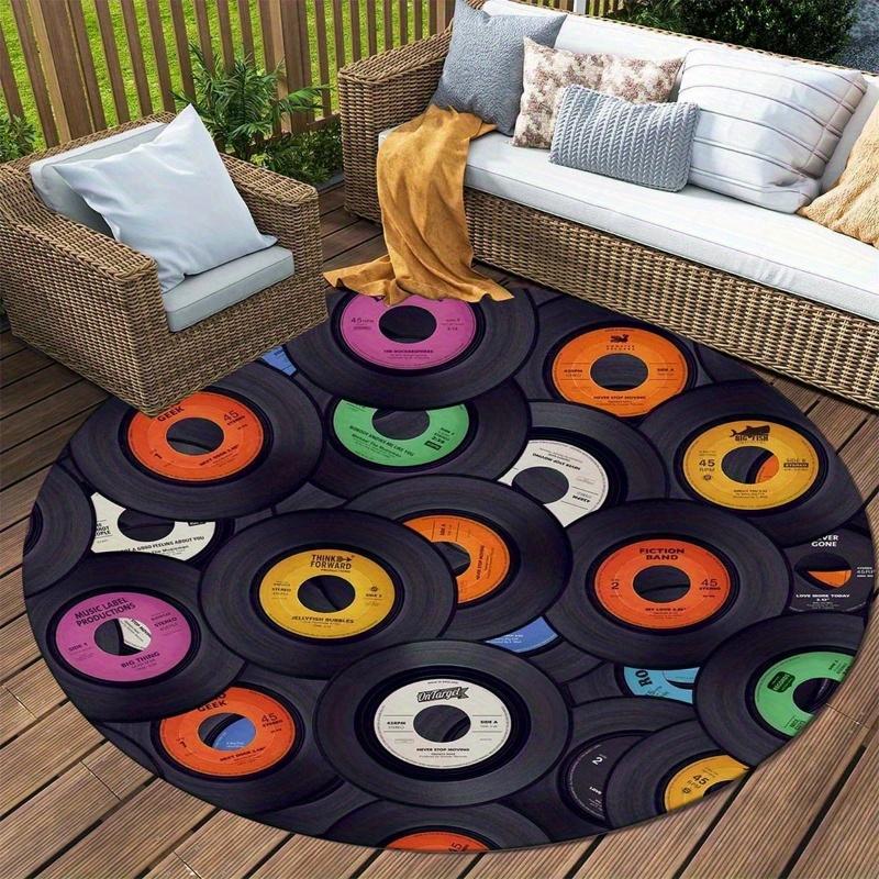 Vinyl Record Round Rug Retro Music Themed Flannel Carpet for Living Room Bedroom Studio Decor Rock n Roll Style Floor Mat
