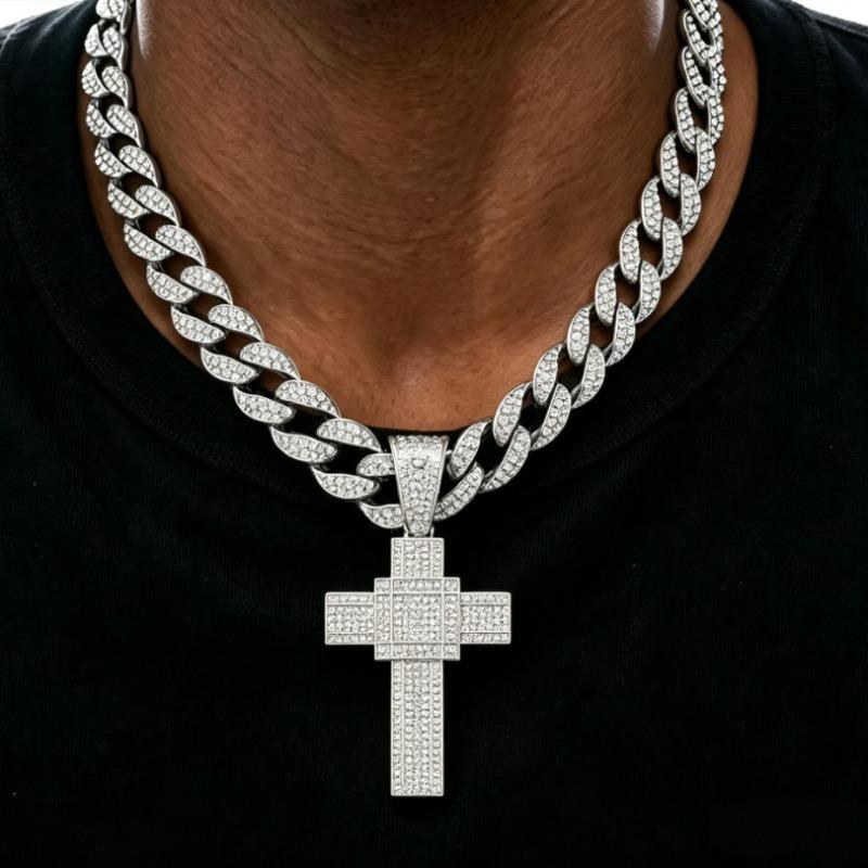 Hip Hop Style Alloy Full Diamond Cross Pendant, European and American Trendy Men's Personalized Necklace Accessories
