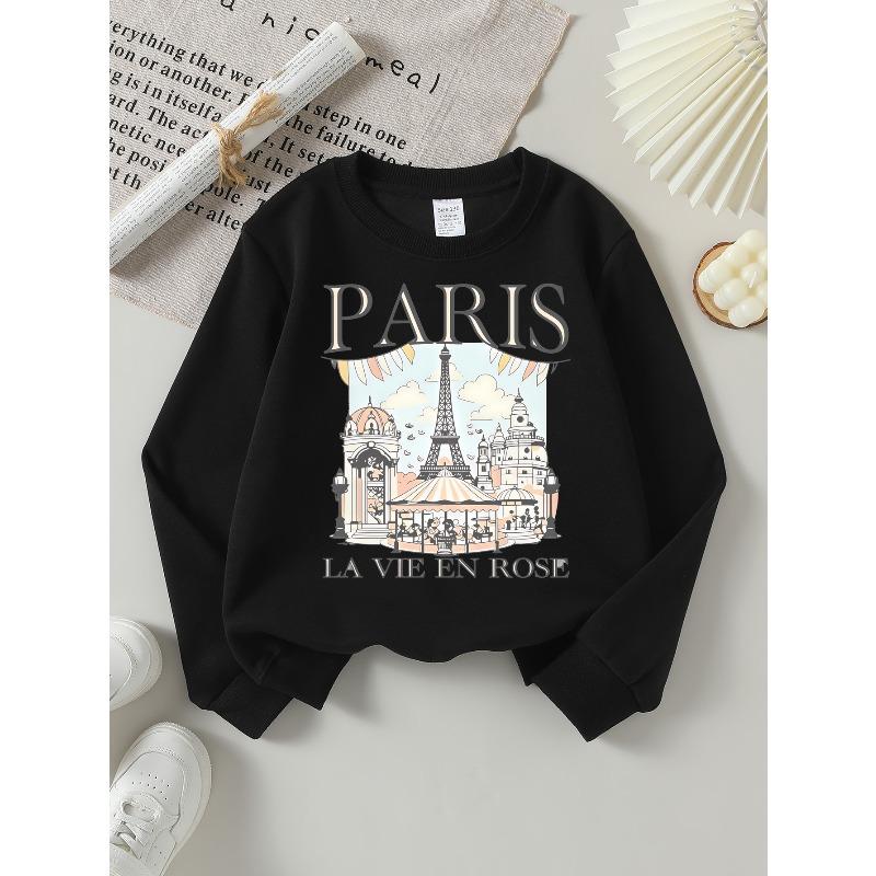 Europäische Größen Mädchen Weiches Rundhals-Sweatshirt Paris Eiffelturm Karussell Vintage Reise-Print, Lässig All-Match, Ideales Urlaubsgeschenk