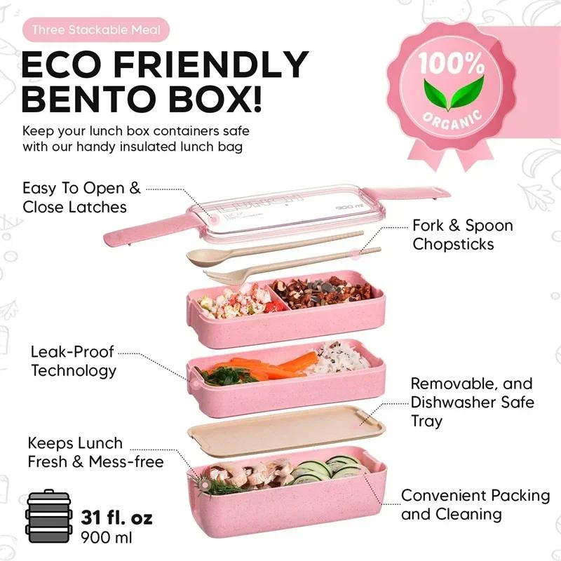3-v-1 Přihrádkový pšeničný slámový bento box Opakovaně použitelný jídelní nádobí Nádoby na oběd Nádoby na jídlo a svačinu Přenosný obědový box