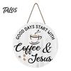 Rustic Home Wall Decor Wooden Coffee Bar Signs, Themed Hanging Sign, Cup Cafe Accessories Shape & Round Wood Plaque for Farmhouse Kitchen Corner