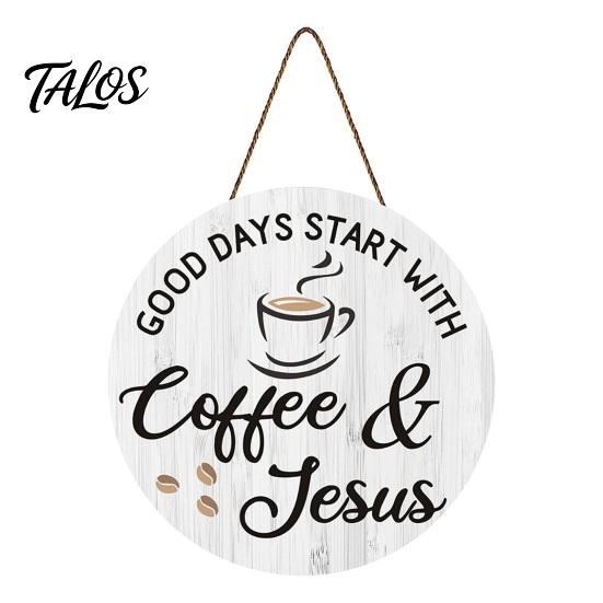 Rustic Home Wall Decor Wooden Coffee Bar Signs, Themed Hanging Sign, Cup Cafe Accessories Shape & Round Wood Plaque for Farmhouse Kitchen Corner