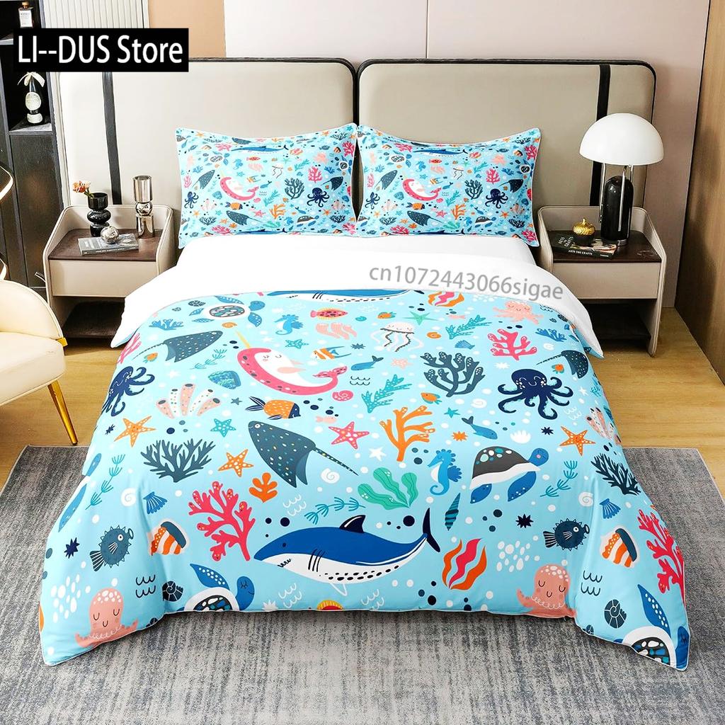 Blue Dolphin Bedding Set Comforter Queen Full SizeOcean Animal Bedding for Boys Kids Teen Boy Bedding with Pillowcases 3pcs