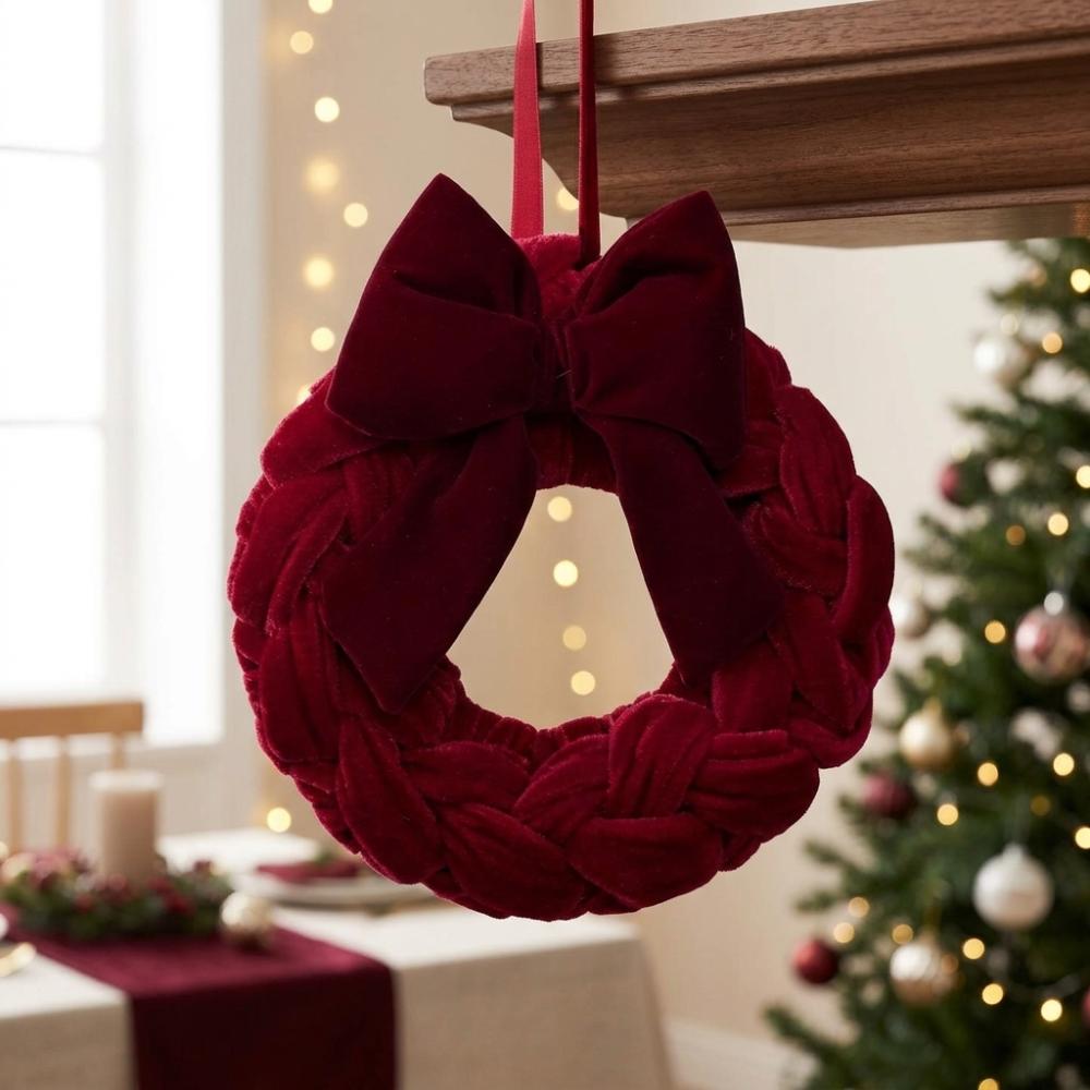 Handmade Bowknot Wreath Hanging Ornament Plush Christmas Wreath Door Decor Wall Decor