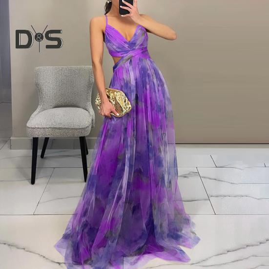 Damen Spaghettiträger Maxikleid Blumen Boho Tiefer V-Ausschnitt Aushöhlen Mesh Plisseekleid Sommer Strand Party Swing Langes Kleid