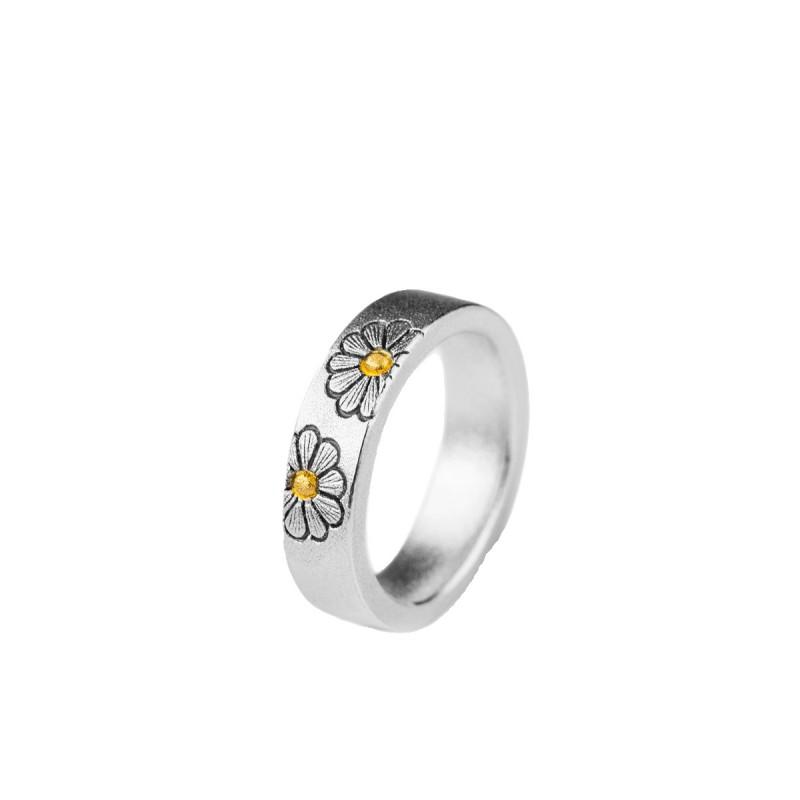 Adjustable Open Ring With Daisy Floral Design Vintage Boho Style Plated Copper Womens Fashion Jewelry Adjustable Open Band