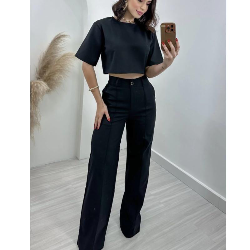 European and American Fashion Short Top High Waist Wide Leg Suit Pants Women's Suit