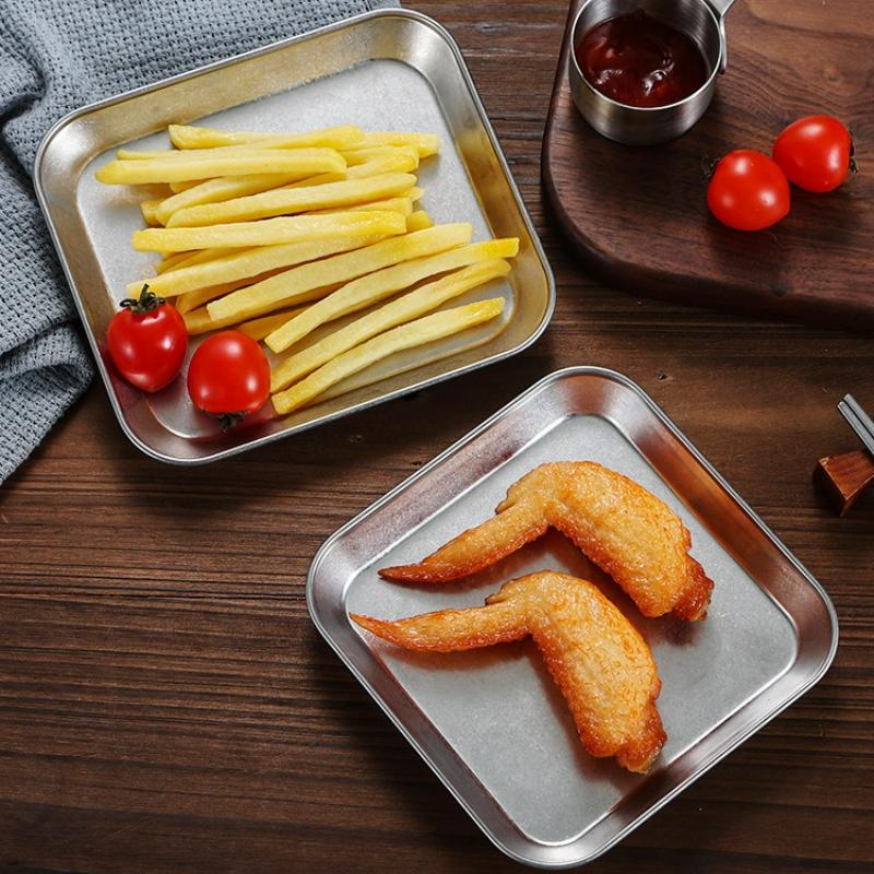 Vintage Korean Style Stainless Steel Tray Snack Dessert Fruit Cake Bread Steak Tray Creative Restaurant Display Dinner Plates