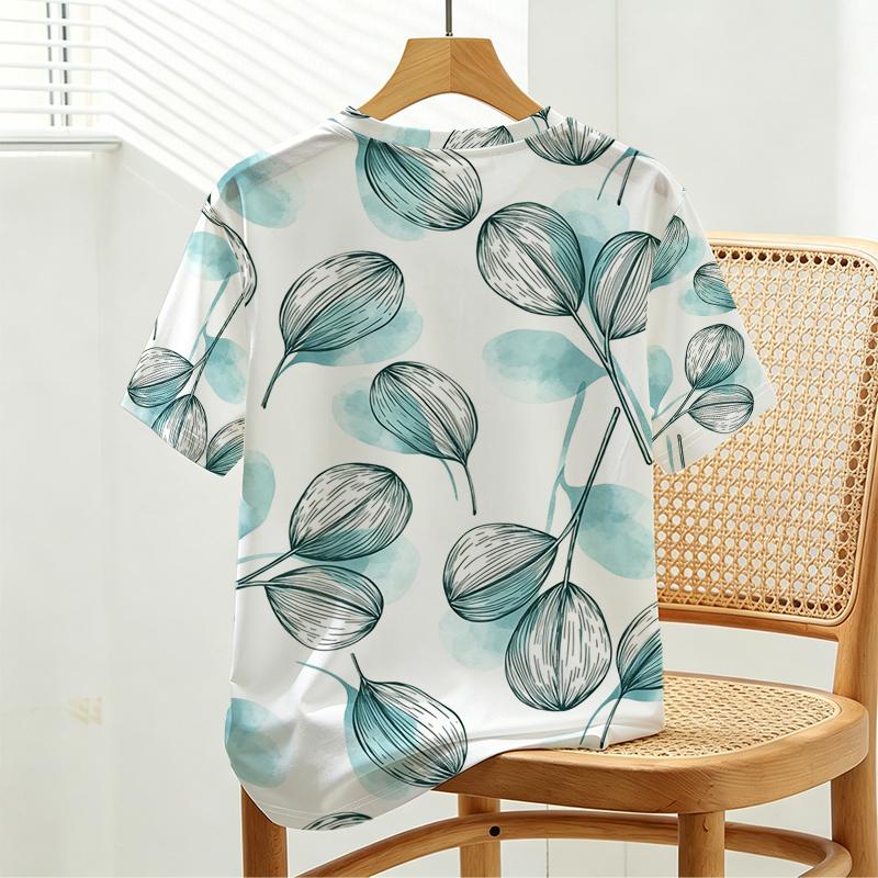 Soft Skin-Friendly Women's T-Shirt: Minimalist Fresh Leaf Pattern, Breathable & Versatile for Daily Casual, Weekend Vacation Wear
