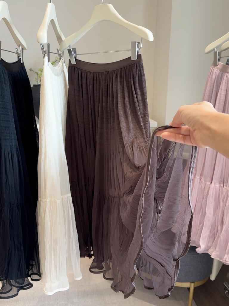 Elegant Pleated Mesh Patchwork A-Line Skirt - Women's Autumn Elastic Waist Midi