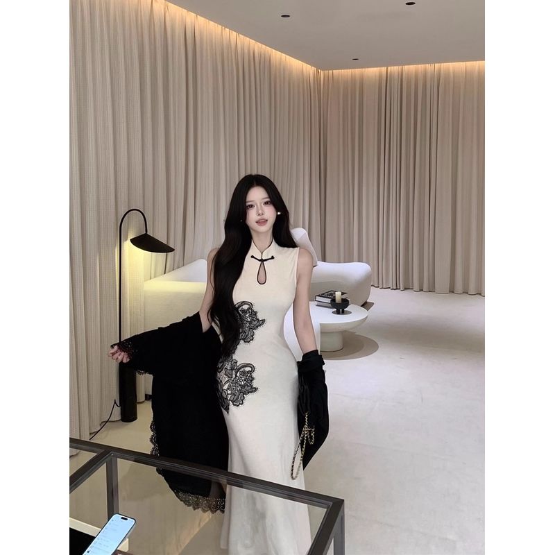 Kumikumi New Chinese Style Suit Lace Lace Inverness Women's Autumn Cut Out Stand Collar Cheongsam Dress Two-piece Set