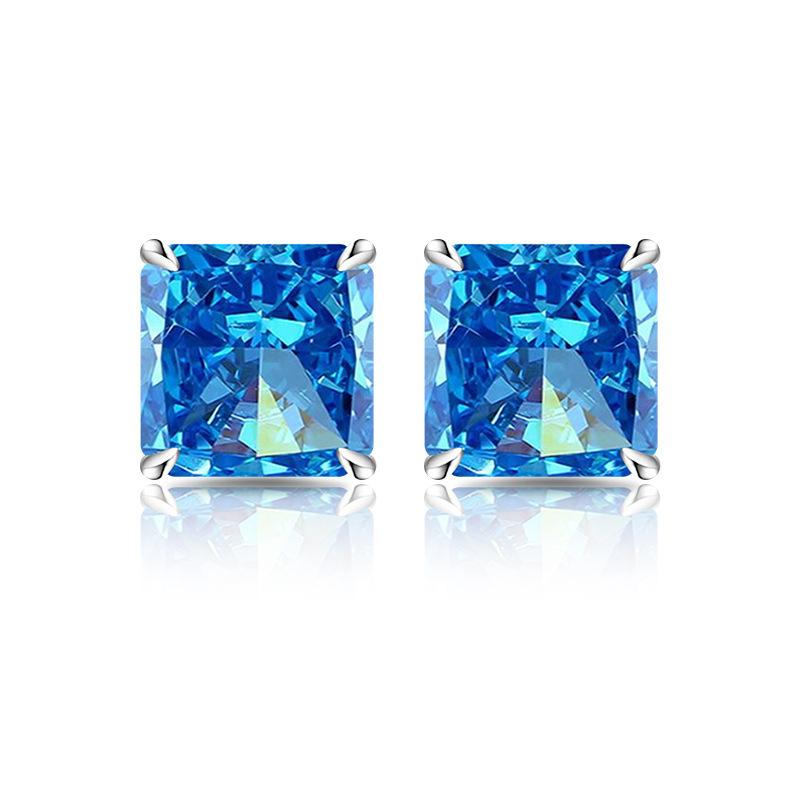 925 Sterling Silver Colored Ice Flower Cut Square Crystal Zircon Stud Earrings Birthday Party Anniversary Holiday Gift