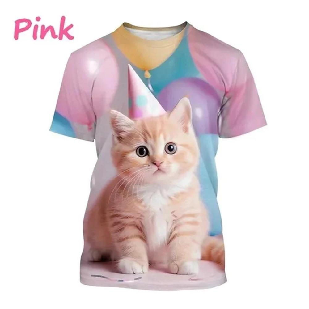 Children's T-Shirt Cute Cat Graphic Girl Round Neck Kids Clothes Fashion Summer Top