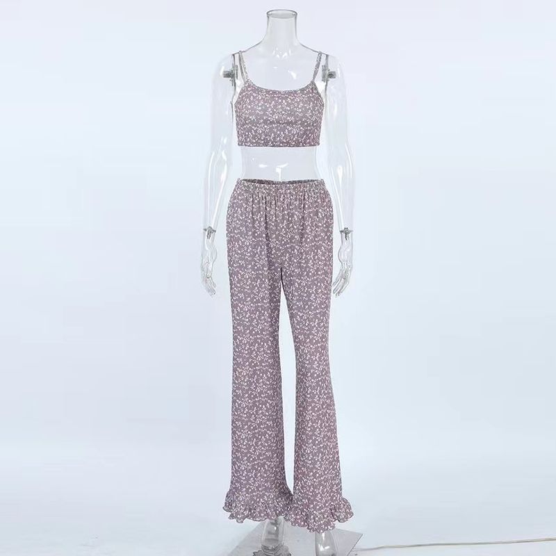 

Western Style Jacquard Sling Frill Trousers Set Homewear Printed Vest and Pants Set Print M