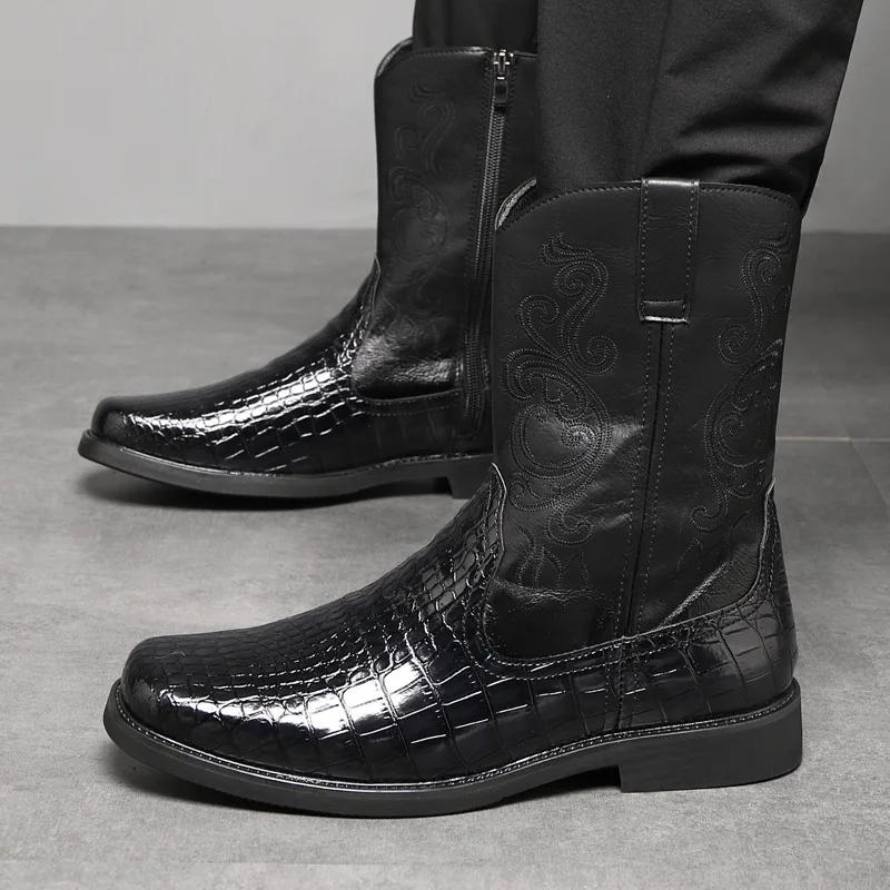 Men s Wide Width Tall Cowboy Boots Fall 2026 PU Leather High Shaft Western Embroidered Workwear Vintage Riding Boots for Outdoor 48 чёрный 5390₽