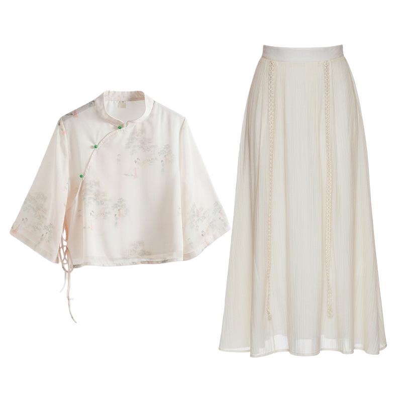 High-Quality Retro Jacquard Mandarin Collar Frog Button Top & Skirt Set