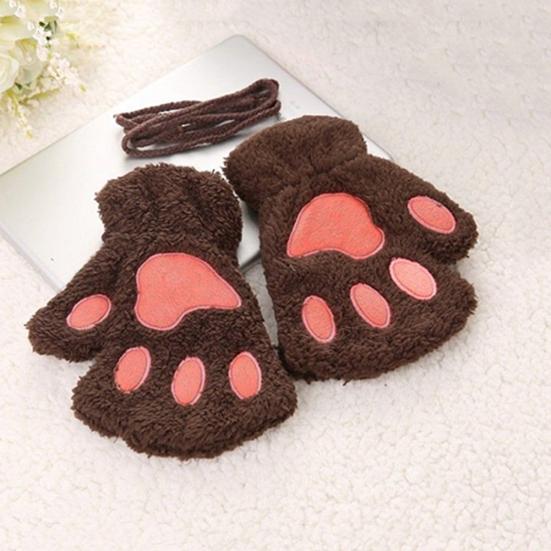 Winter Girl Cute Bear Cats Claw Cashmere Neck Hanging Half Finger Gloves Mittens