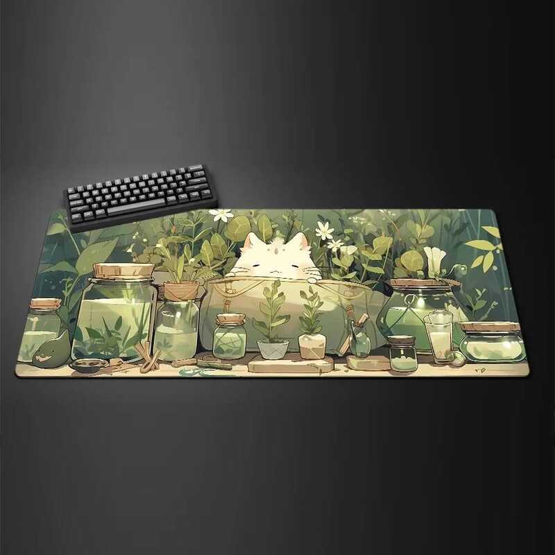 Cute Kawaii White Cat Anime Mouse Pad Large Computer Off Game Table Mats XXL Ruer Anti-slip Gaming Keyboard Long Desk Pads