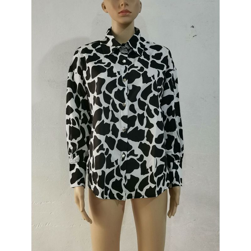 Europa und Amerika Border Hemd Locker Frühling und Herbst Druck Einreihiger Cardigan Laterne Langarmhemd für Damen