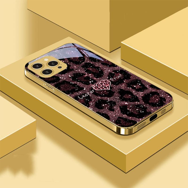 Leopard Spotted Love Green For IPhone 16 Pro Max 15 P Ro 14 13 Plus 12 Mini 11Pro Max XS Max XR Golden Tempered Glass Phone Case