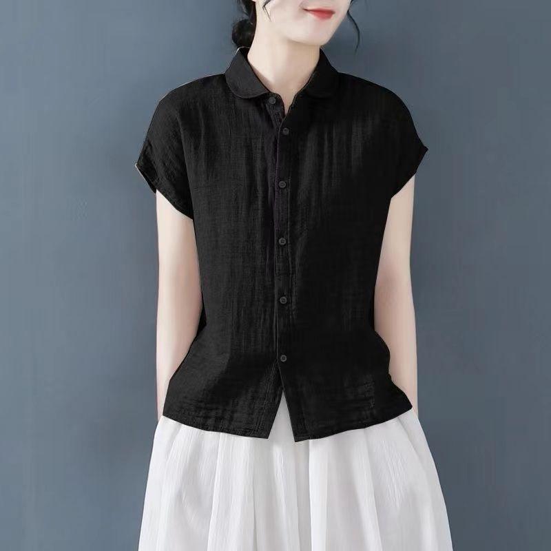 Summer Cotton Linen Shirt Women's Casual Short Sleeve T-shirt 95 Cotton Fashion Top Fly Sleeve Polo Collar Regular Sleeve