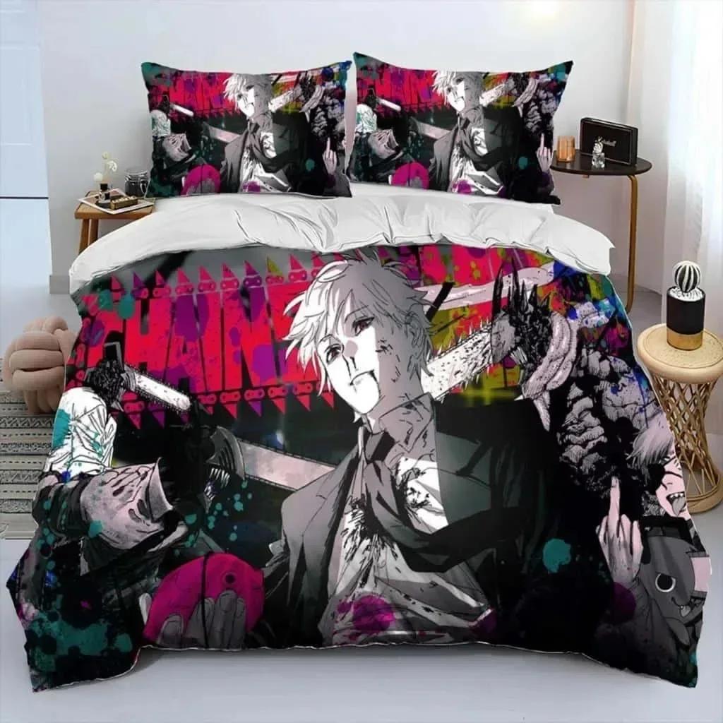 Kettensägenmann Denji Cartoon Bettdecke Bettwäsche-Set, Polyester Bettbezug Kissenbezug, King Queen Size Bettbezug Bettgarnitur