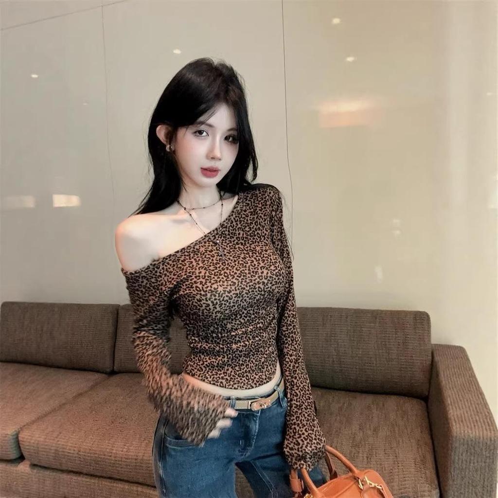 Trendy French Leopard Print Slimming One-Shoulder Cinched Cropped Top