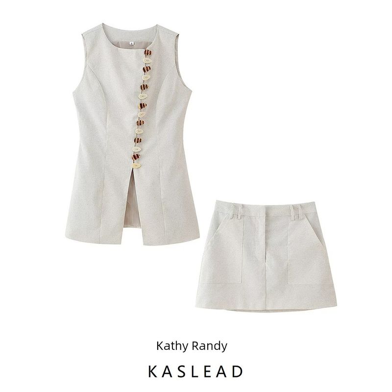 Kaslead New Arrival Women's Fashion Style Fashion round Neck Decorated Row Button Cotton Linen Vest Skirt