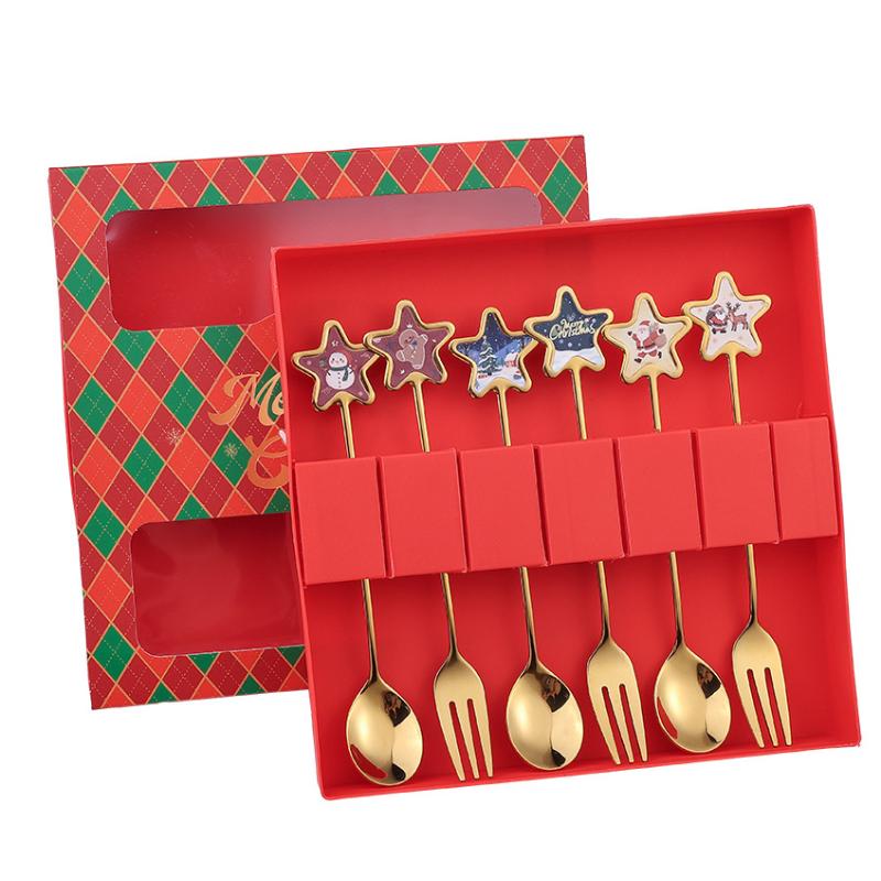 2/6PCS Christmas Stir Spoon And Golden Dessert Fork Set With Five Star Tree Design For Christmas Eve Party Gift Tableware