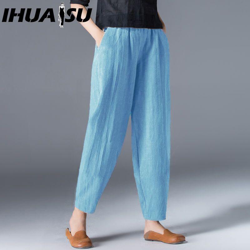 IHUASU 9 barev Objednejte o dvě čísla větší, Dámské letní ležérní volné bavlněné lněné harémové kalhoty s elastickým pasem, Slim kalhoty, Devítidélkové kalhoty