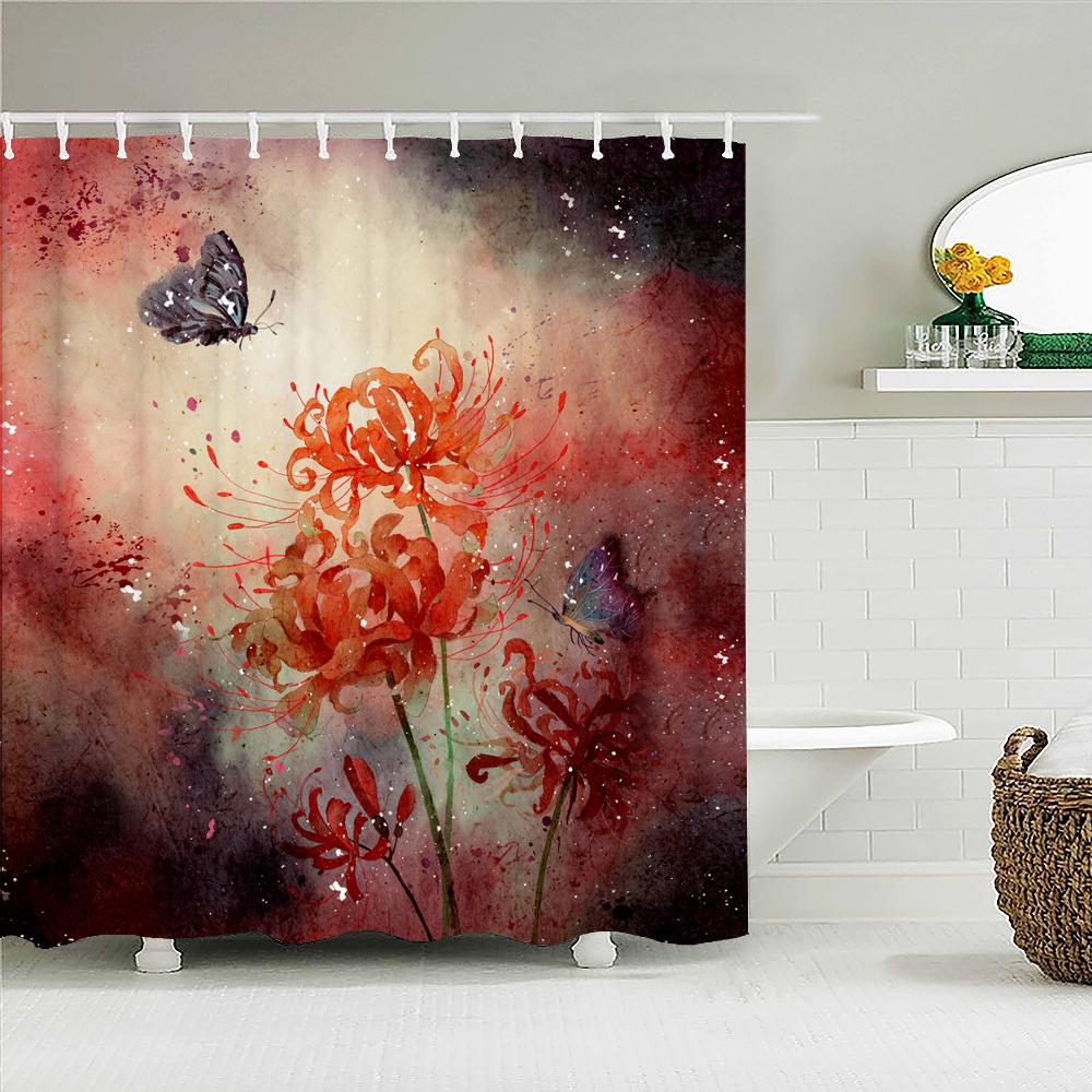 Floral Shower Curtains for Bathroom, Spring Flower Butterfly Bathroom Decor with Hooks, Washable Polyester Fabric Shower Curtain