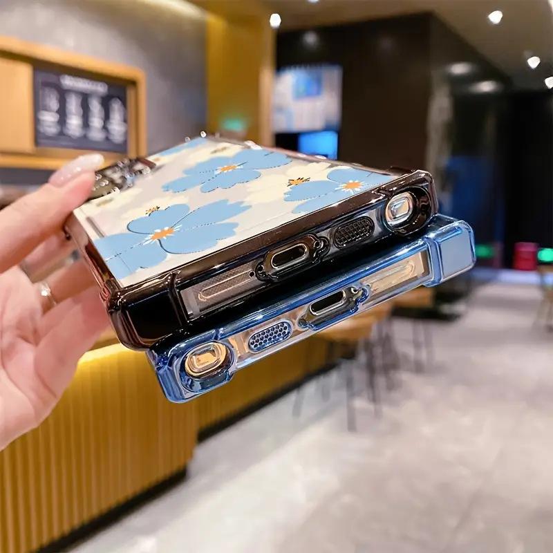 Korean Light Blue Flower Transparent Mobile Phone Case Apple 15/16promax Electroplated Frame Airbag Anti-drop Protective Case
