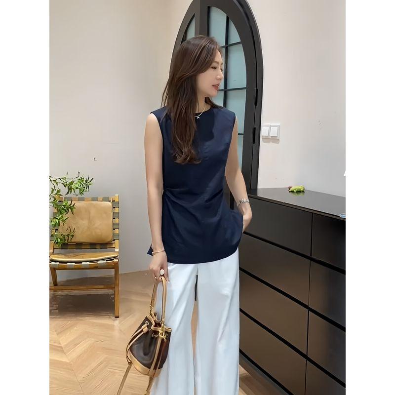 

European Goods Fashion Single-Breasted Double-Sided Sleeveless Vest for Women Summer Small Pinch Pleated Waist-Tight Design Blouse Tide Navy S([40.00 kg-50.00 kg]])