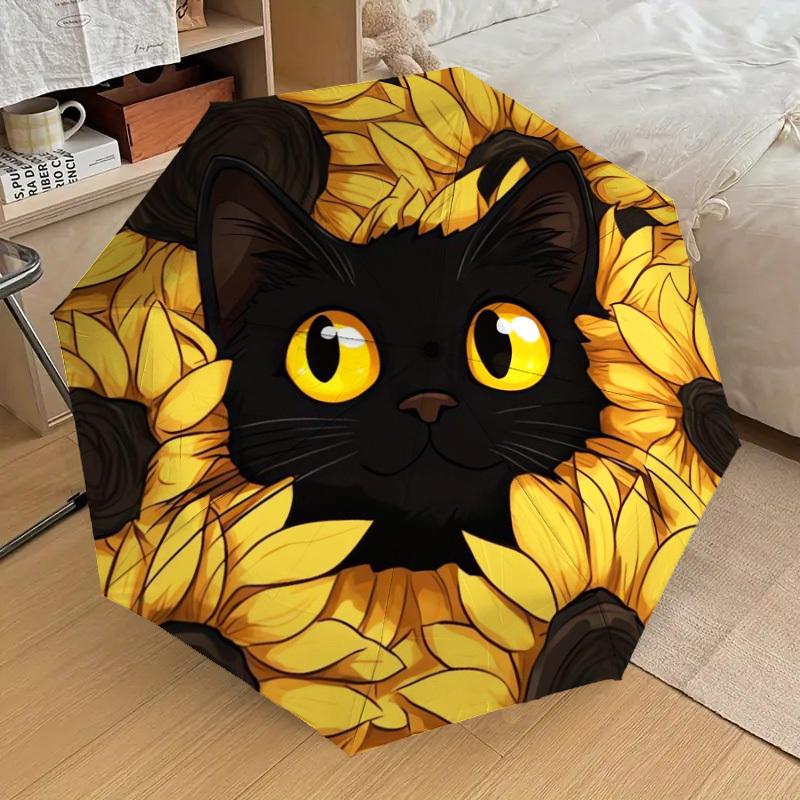 1pc Black Cat Sunflowers Umbrella with Plastic Handle,Suitable for All Seasons Home Travel Outdoor UmbrellaDD1733