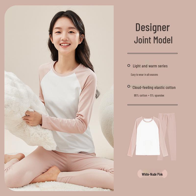 Girls' Cotton Color Block Thermal Set - Slim Fit Long Johns & Undershirt for Teens