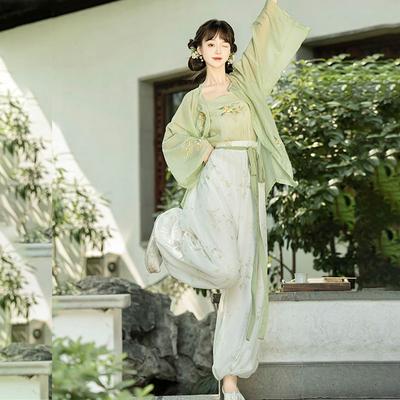 Cămașă cu gât rotund și pantaloni bufant hanfu în stilul dinastiei Song chineze pentru femei, costum de zi cu zi de primăvară și vară