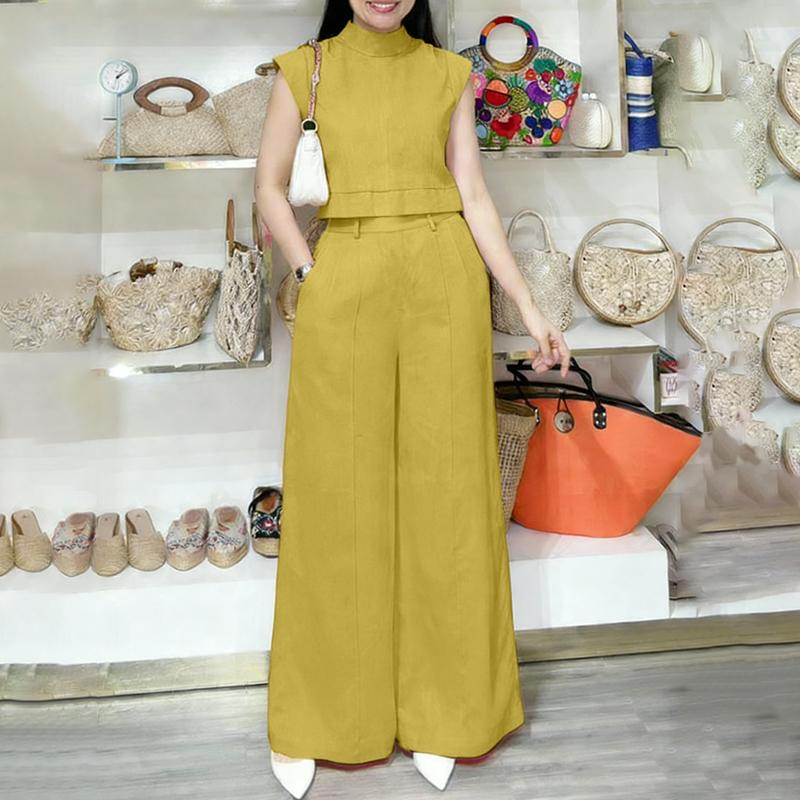 

ZANZEA Women Sleeveless Vest Tops and Wide Leg Pants Summer Two Piece Suit Sets S жёлтый
