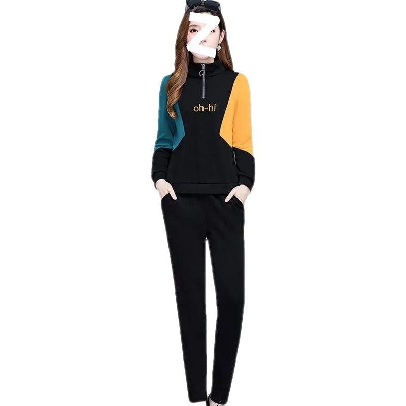 Casual Sportswear Set for Women - Spring/autumn Korean Version. Loose Stand-up Collar, Half-zip Design. Stylish Patchwork Hoodie Set of Two Pieces.