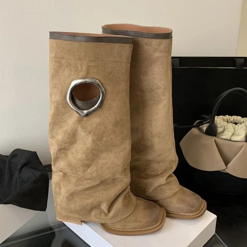 Designer Women's Boots Retro Knee-high Boots Fashion Straight Leg Pants Boots Women's Thick Heeled Platform Booties Botas Mujer