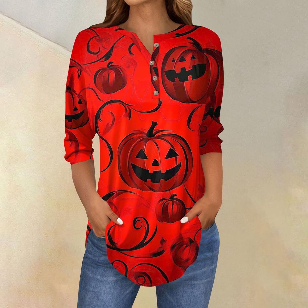 Women's Fashion Loose Button Collar Halloween Print Long Sleeve T-Shirt Top Pullover