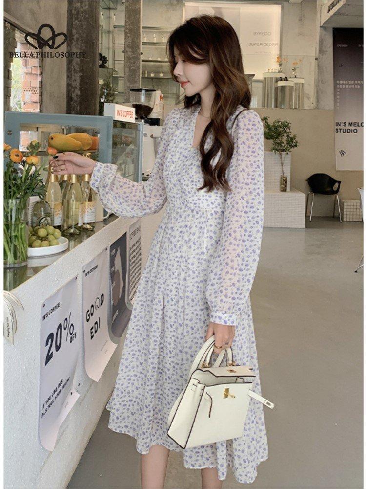 

Весеннее корейское стильное нежное кружевное платье с v-образным вырезом и цветочным принтом, с высокой талией, утягивающее шифоновое платье для перерыва на чай, женское повседневное свободное пляжное платье L