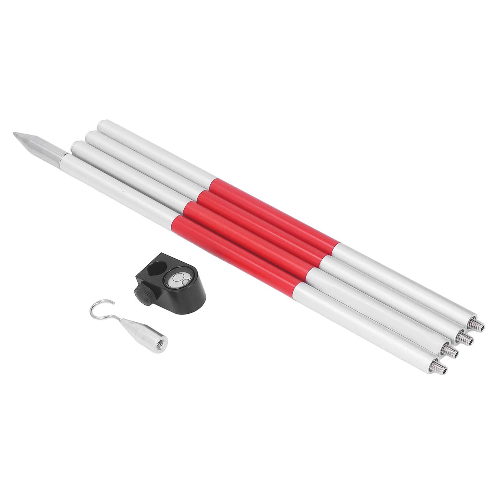 Prism Pole 4 Section Universal 1/4in Thread Aluminum Alloy Total Station Surveying Prism Rod Color: Silver Red